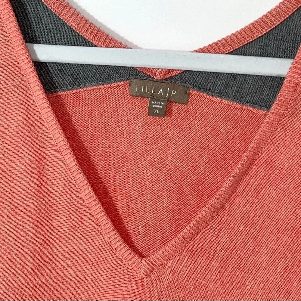 Lilla P‎ Woman's Coral Grey Modal Cotton V Neck Relaxed Fit Sweater Size XL